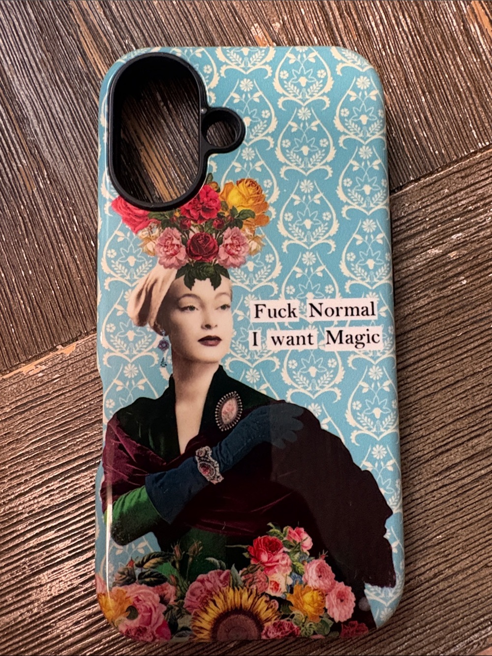 Iphone 16 Blue Floral Collage Phone Case with 'I Want Magic' Quote